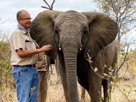 Dr. Peter Rogers and an elephant.