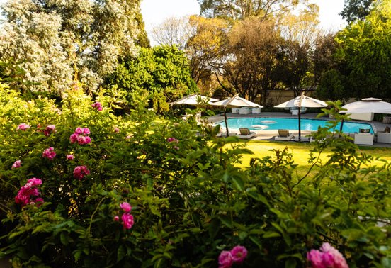 Swimming pool surrounded by lush rose gardens at Fairlawns Boutique Hotel and Spa, Johannesburg, South Africa