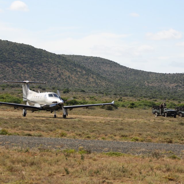 Private aircraft landing at Kwandwe Private Game Reserve airstrip with safari vehicles awaiting guests, Eastern Cape, South Africa
