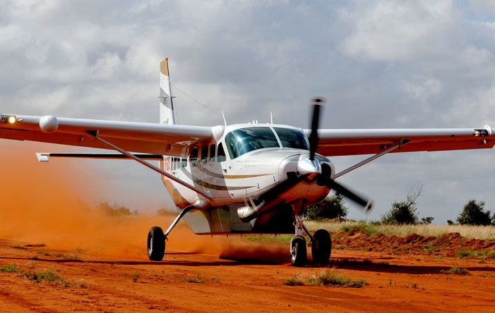 Cessna landing on a runway in the bush.