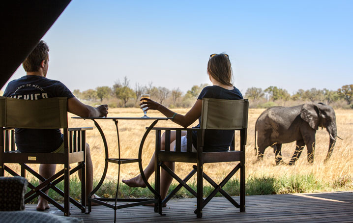 Two people enjoying a drink in front of their safari tent with an elephant passing by.