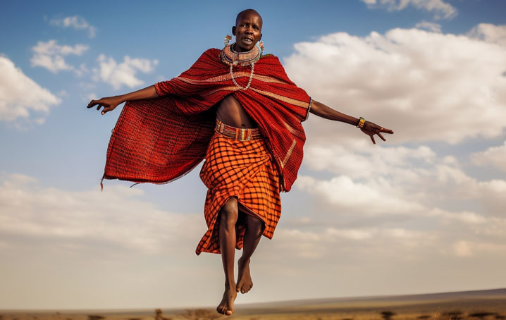 Maasai jumping in full dress.