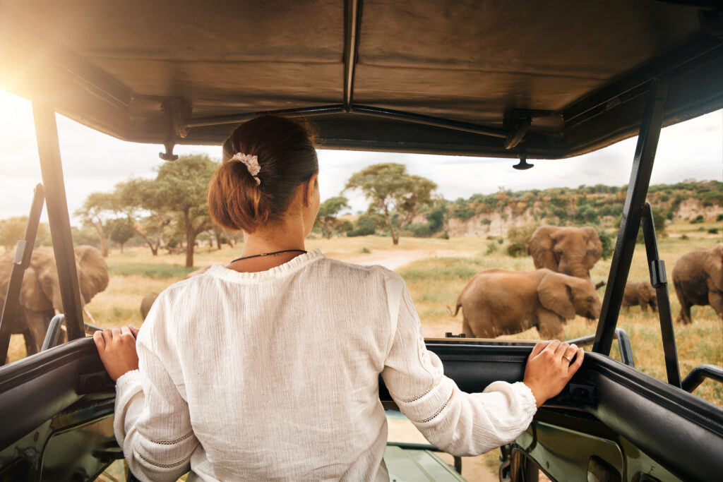 A woman on safari in Africa.