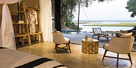 Luxury tented suite at Sausage Tree Camp with private plunge pool and river views in Lower Zambezi National Park.