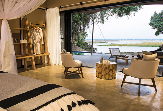 Luxury tented suite at Sausage Tree Camp with private plunge pool and river views in Lower Zambezi National Park.