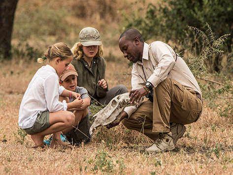 A safari guide showing children a wildlife skull during an outdoor learning experience in Tanzania.