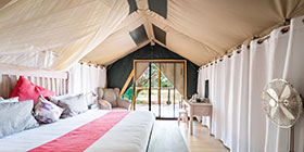 Interior of a tented suite at Tlouwana Tented Camp near Chobe National Park, Botswana