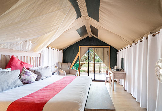 Interior of a tented suite at Tlouwana Tented Camp near Chobe National Park, Botswana
