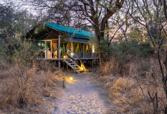 Lantern-lit pathway leading to an elevated safari tent at dusk at Thamo Telele, Okavango Delta, Botswana