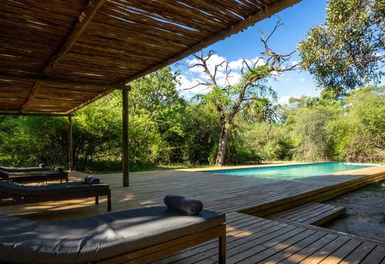 Turquoise swimming pool on a timber deck surrounded by lush African bush at Thamo Telele, Okavango Delta, Botswana