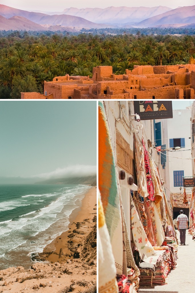 Collage of Morocco’s Atlantic coastline, a carpet-lined medina lane, and a palm oasis beneath the mountains