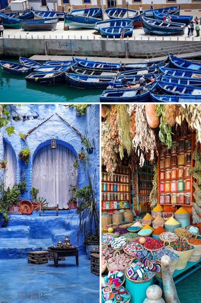 Collage of blue fishing boats, a blue Moroccan courtyard, and a colorful spice market in Morocco